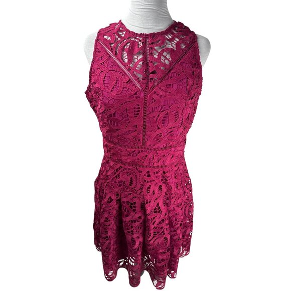 Adelyn Rae Women's Crochet Lace Crewneck Fit & Flare Party Dress Magenta Size L - Picture 4 of 13